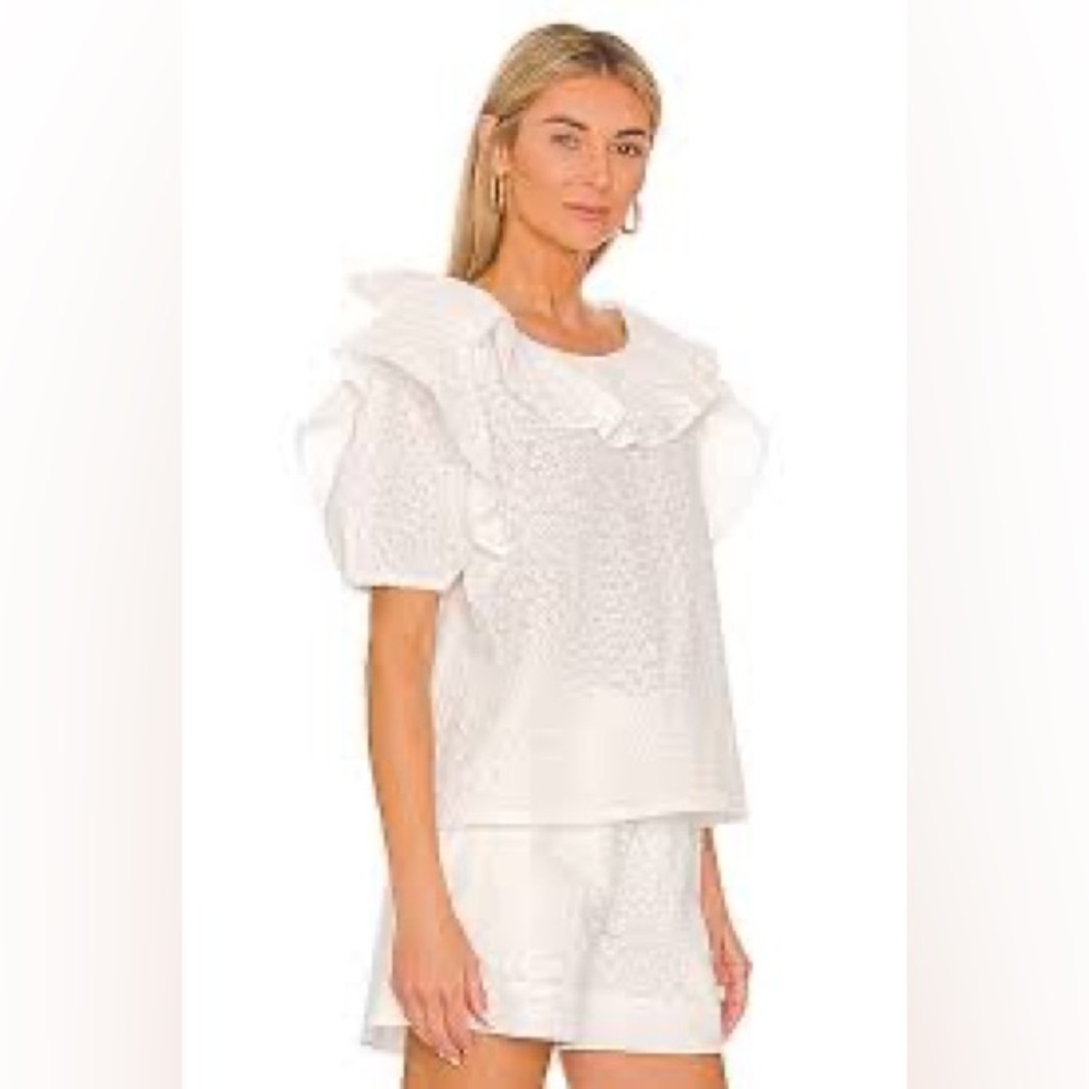 Something Navy White Eyelet Ruffled Top Size Small